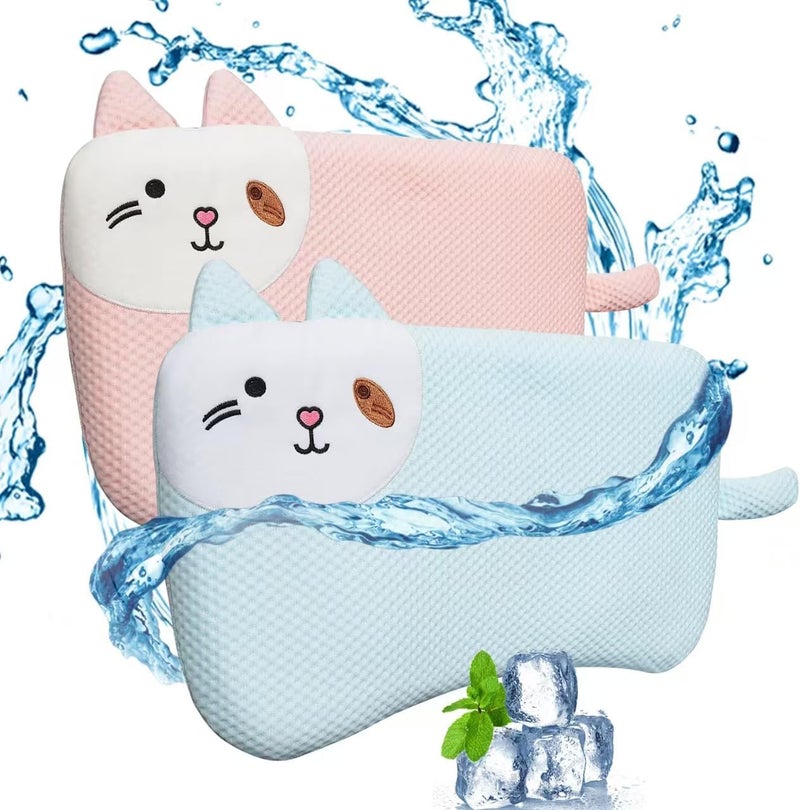 VEMBAP 2 Pack Kids Pillows for Sleeping, Cooling Flat Pillow, Memory Foam Toddler Pillow for Kids, Ultra Thin Design (Age 2 to13)(Pink+Blue, 18 in x 10.5 in) - Image 1